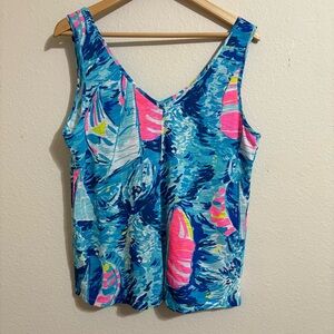 Lilly Pulitzer Women's Blue Hey Bay Bay Sailboat Gigi Cotton V Neck Tank Top  L